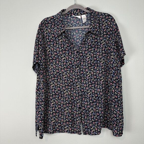 Liz Claiborne Button Up Shirt Womens 18W Blue Ditsy Floral Gauze Cottage Boho - Picture 3 of 9